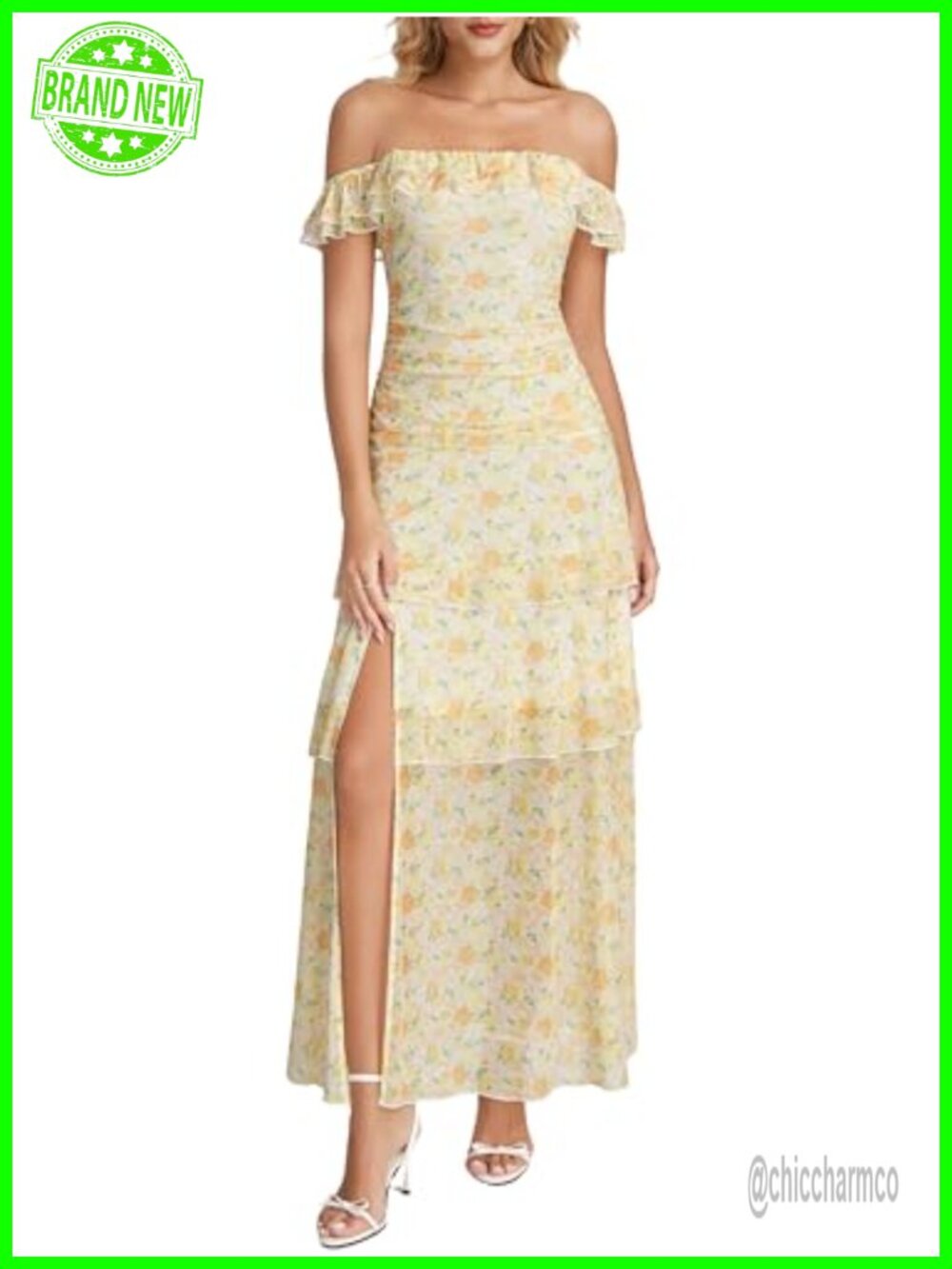 Off Shoulder Floral Maxi Dress Ruffle Ruched Waist Tiered High Slit